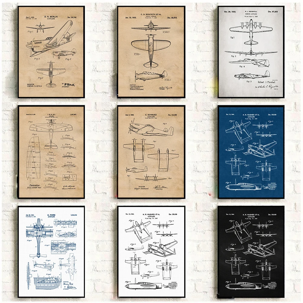 Vintage Plane Patent 1930s Antique Aircraft Illustration Blueprint Pilots Poster Canvas Paintings Wall Art Pictures Home Decor