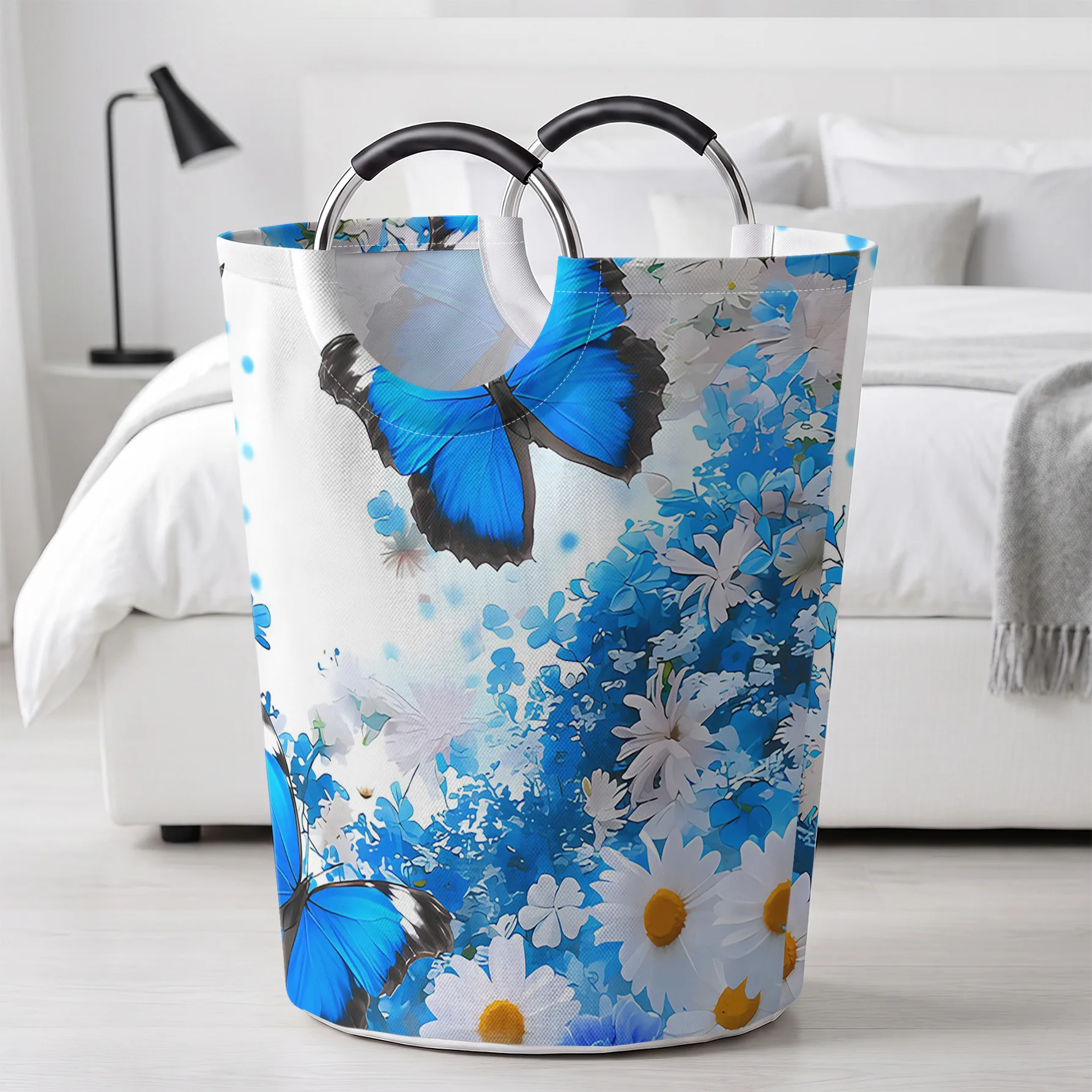 Blue Butterfly And Daisy Floral All‑Over Print Handheld Storage Basket, For Laundry, Bedroom & Home Sundries Storage