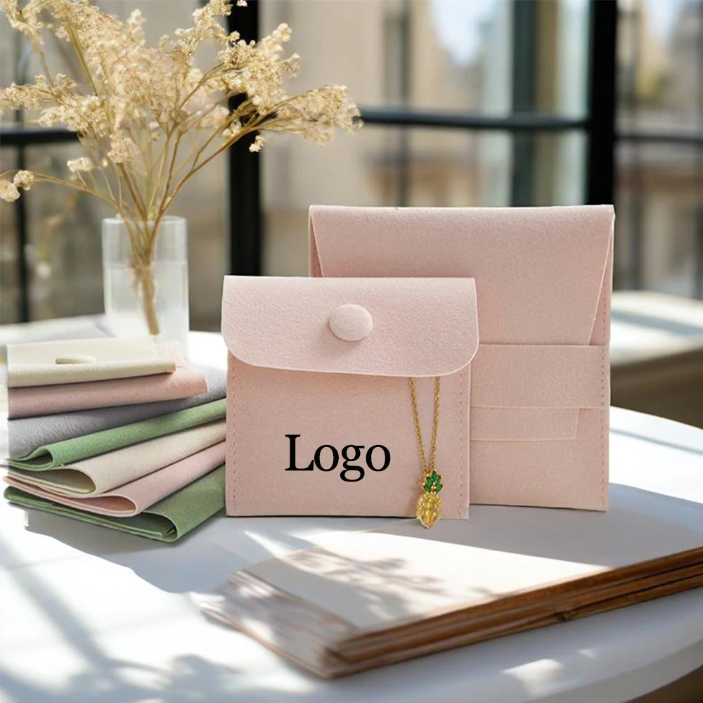 

Custom Logo Mini Envelope Jewelry Bag With Compartment Snap Button Closure Luxury Microfiber Wedding Gift Rings Cosmetics Pouch