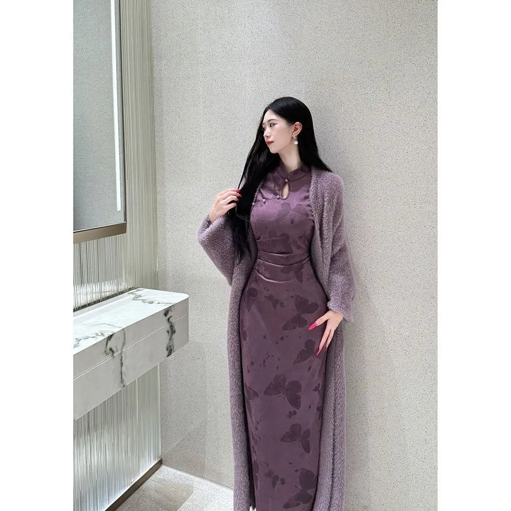 New Chinese Style Purple Buttoned Cheongsam Dress Elegant Chinese Style Dress Women Improved Qipao Satin Hanfu Costume Vestidos