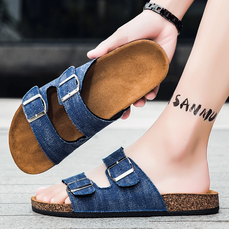 Denim Clogs Slippers Men Women Clogs Jean Sandals Cork Footbed Beach Slippers Outdoor Nonslip Fashion Mules With Arch Support