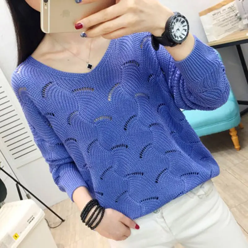 Women Clothing Fashion Hollow Out Thin Knit Pullovers Spring Autumn Casual Loose V-neck Long Sleeve T-shirt Office Lady Chic Top