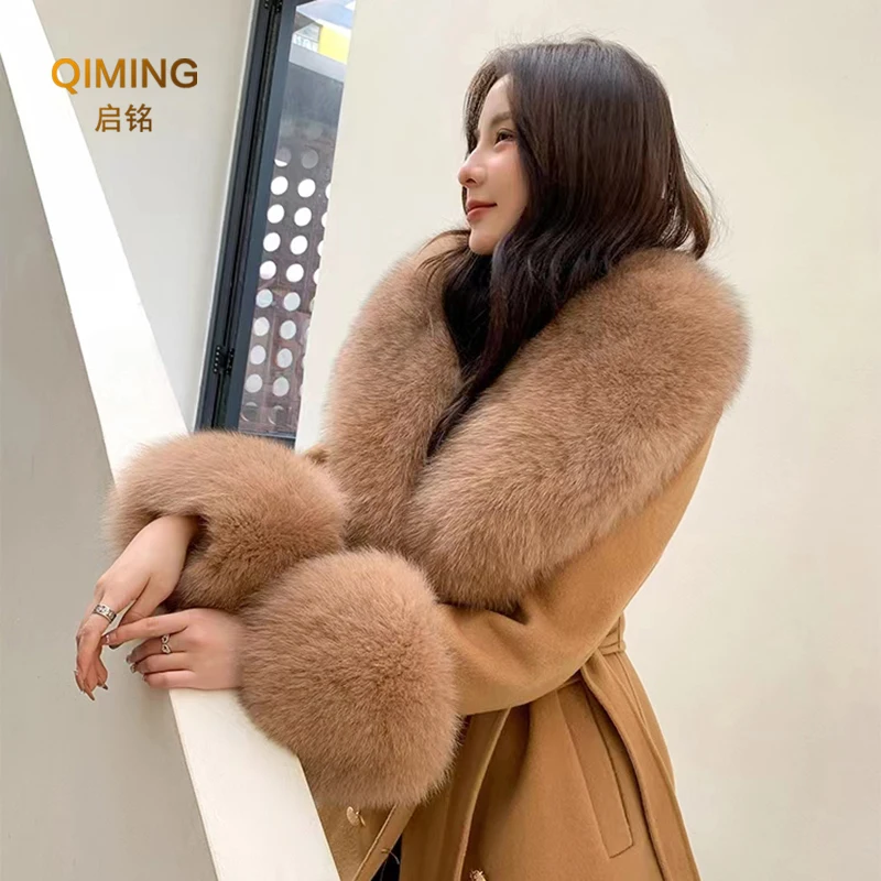 Winter Real Fox Fur Collar Women Large Fur Scarf Suit Fluffy Fur Shawl Fur Cuff Set Luxury Furry Wraps Scarves Coat Jacket Adorn