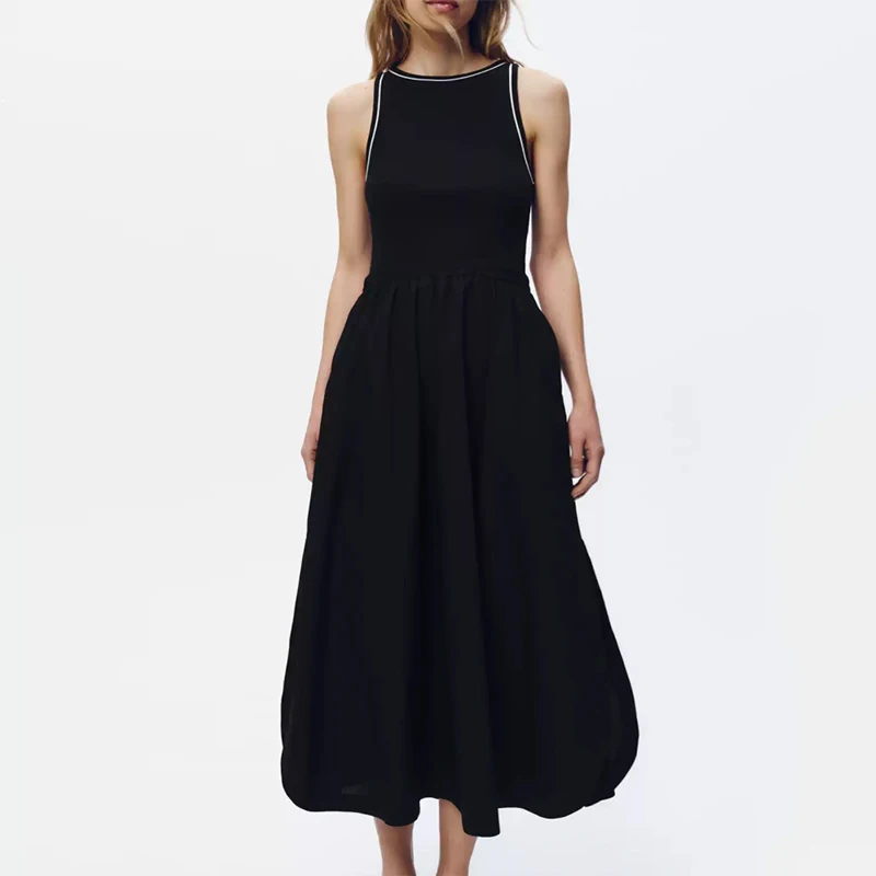 

2025 Summer New Faionable Splice Svel round Ne Dr Women's Sle High Waist A-Line Long Dr Casual Sle Polyes...