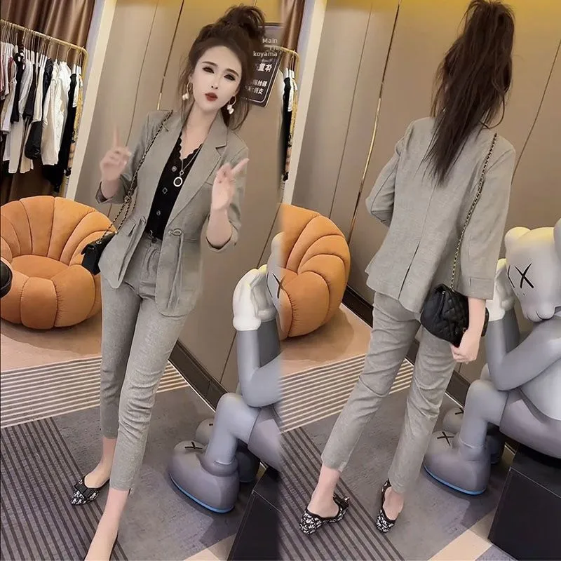 Retro Casual Faion Set Damski Wiosenno-Letni Nowy Elegancki Komplet Mała Marynarka i Spodnie z Wąskimi Nogawkami Dwuczęściowy Zestaw