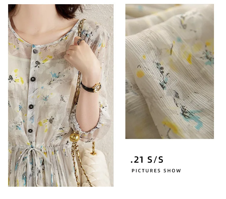 Vestido longo floral fragmentado, vestido francês de manga curta, novo vestido de verão de comprimento médio com duas camadas