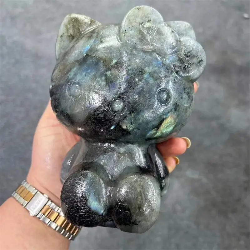 15CM Natural Labradorite Cartoon KT Crystal Carving Lucky Stone Healing Home Decoration Fashion Cute Birthday Present 1pcs