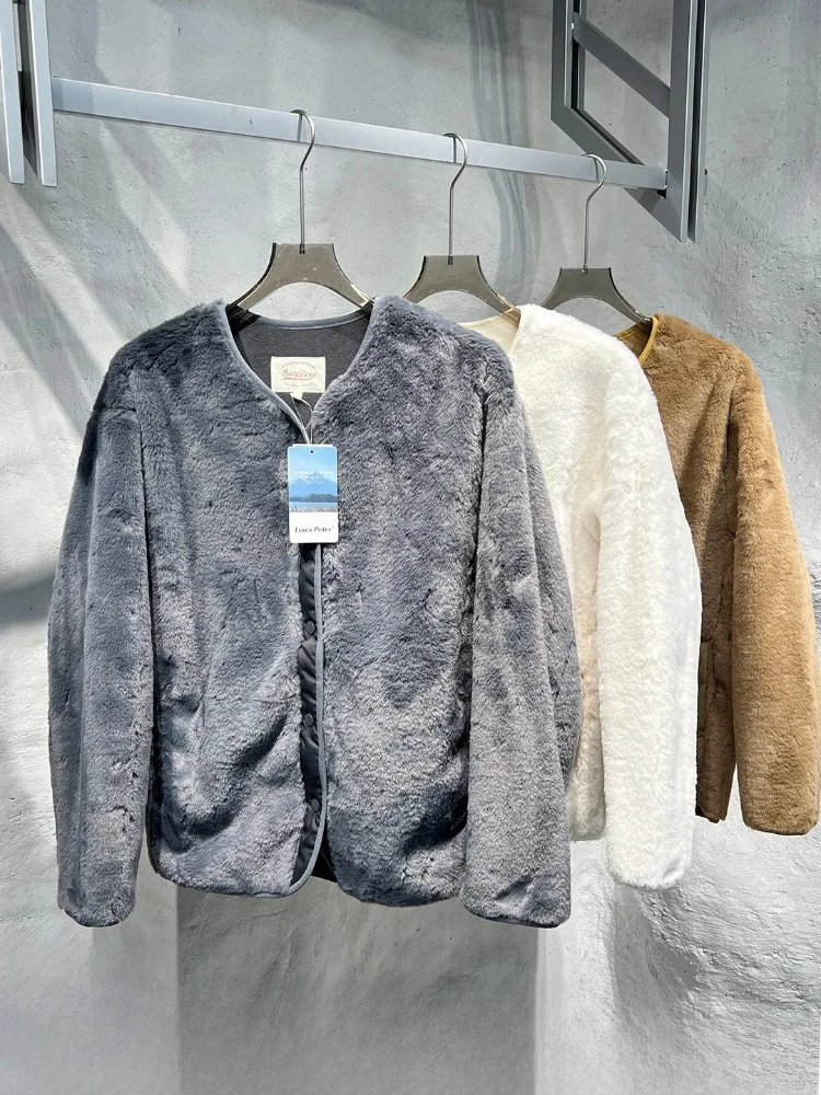 

Warm Faux Rabbit Fur Open Cardigan Men's Faionable Plu Jaet Hooded Casual Sle Long Sve V-Ne Polyester Fiber