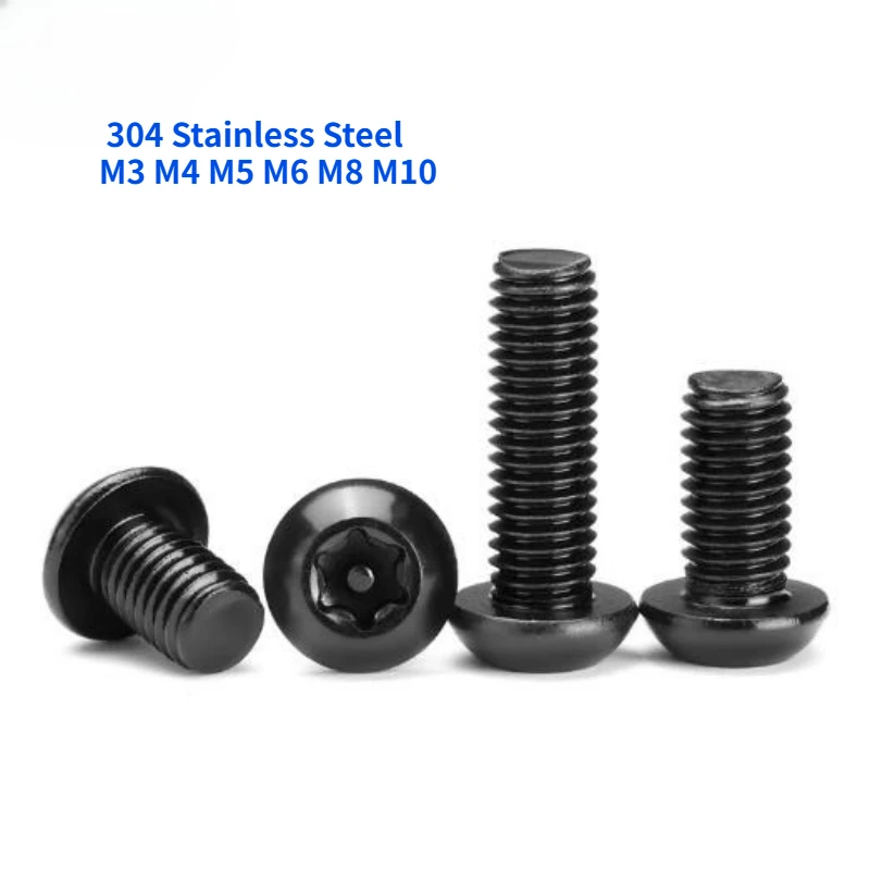 10-100pcs M3 M4 M5 M6 M8 M10 Black 304 Stainless Steel Six Lobe Torx Button Round Head with Pin Anti-theft Security Bolt Screw