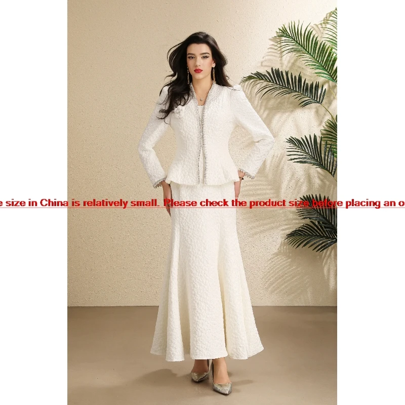 Women Luxury Tweed Two‑Piece Matching Suit Crystal 3D Applique Slim Peplum Jacket Sleeveless High Waist Mermaid Vestidos