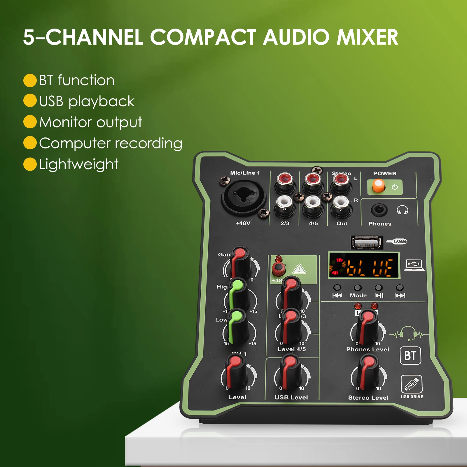 

5Channel Compact Audio Mixer Sound Mixing Console 48V Phantom Power USB Interface LED Display Built-in Reverb Effect BT Function
