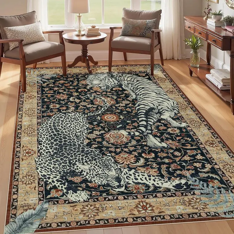 VIKAMA Leopard Tiger Rug Vintage Animal Print Area Carpet Living Room Floor Mat Decorative Home Accent Boho Decor