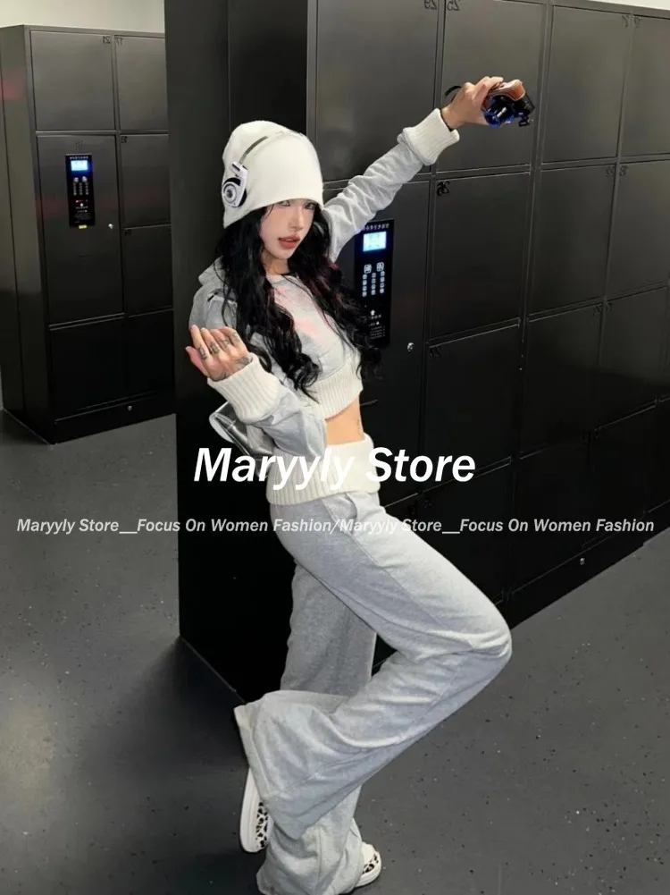 Autumn Winter Korean Casual Outfits 2 Piece Set Women Hooded Zipper Y2k  Crop Sweatshirts + High Waist Straight Wide Leg Pants