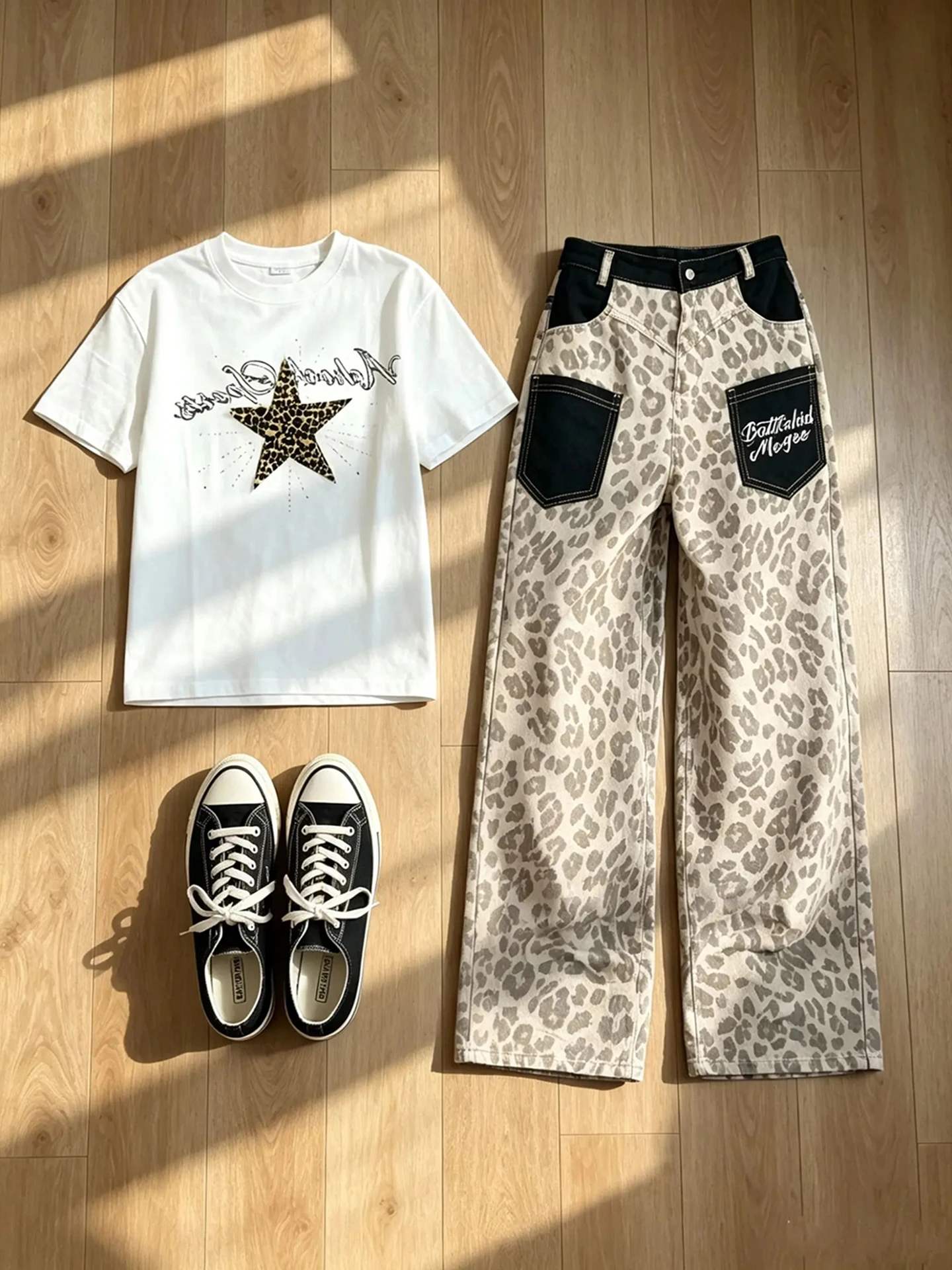 American Retro Leopard Print Patchwork Jeans Men's Summer Loose Wide Leg Pants Design Sense Knife  Pants Straight Tube