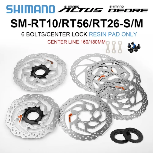 Imagen 1 del producto SHIMANO-Rotor Deore SM RT56 RT26 160/180mm, disco de freno de 6 pernos, RT10 ALTUS, Rotor de bloqueo central, rotores de freno hidráulico para bicicleta de montaña, XT