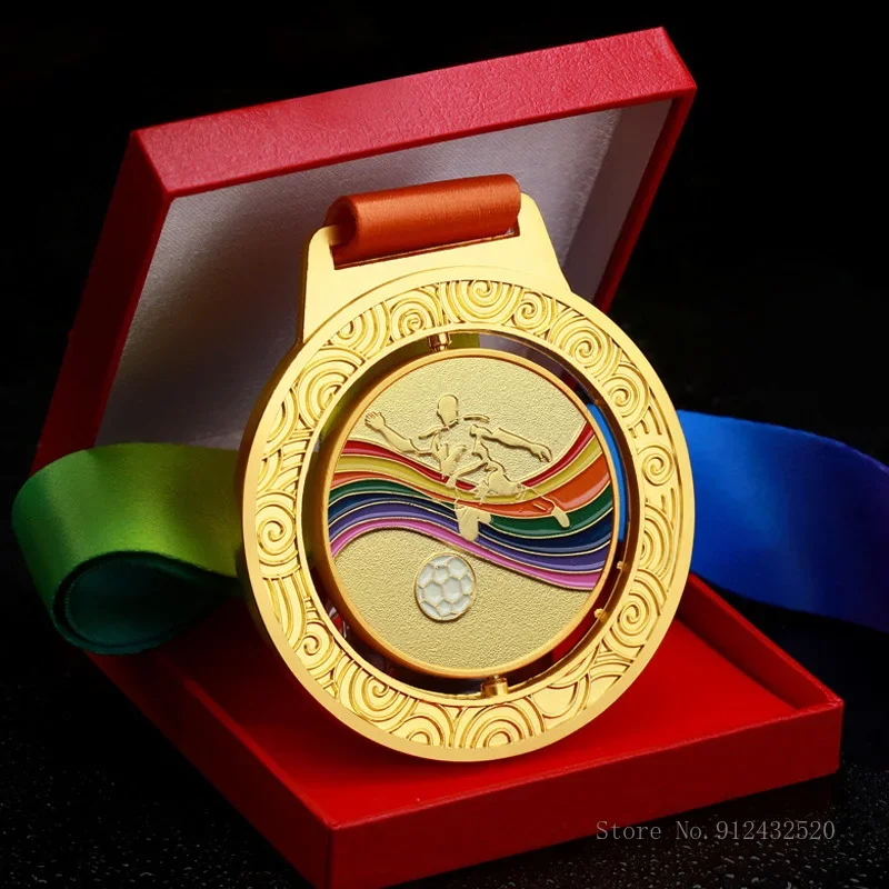 Customized Rotating Metal Medal Football Badminton Marathon, Gold, Silver and Bronze, Sports Competition, Creative Souvenir, 1Pc