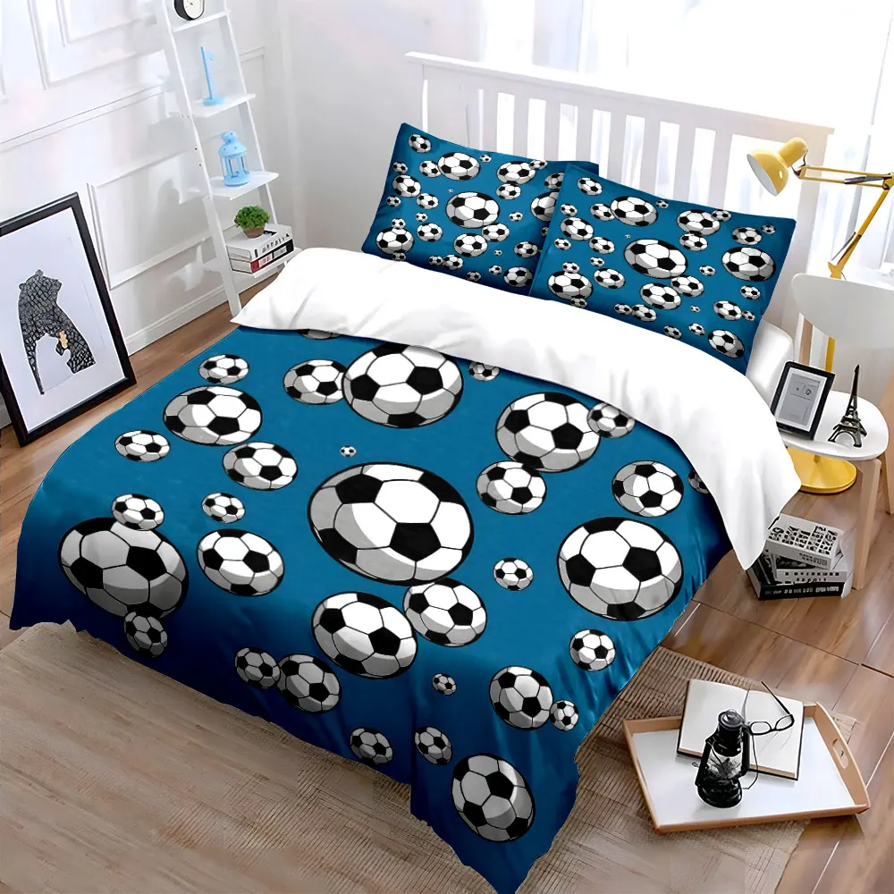 Cartoon Soccer Ball on Blue Background 3PCS Bedding Set Soft Bedding Set for Football Fans & Kids Bedroom