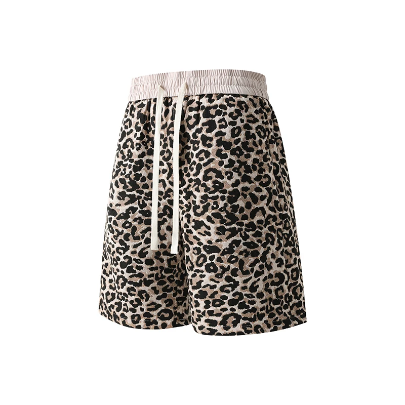 Men's Retro Leopard Print Loose Fit Wide Leg Shorts with Elastic Drawstring Waistband Casual Street Style Beach and Surf Shorts