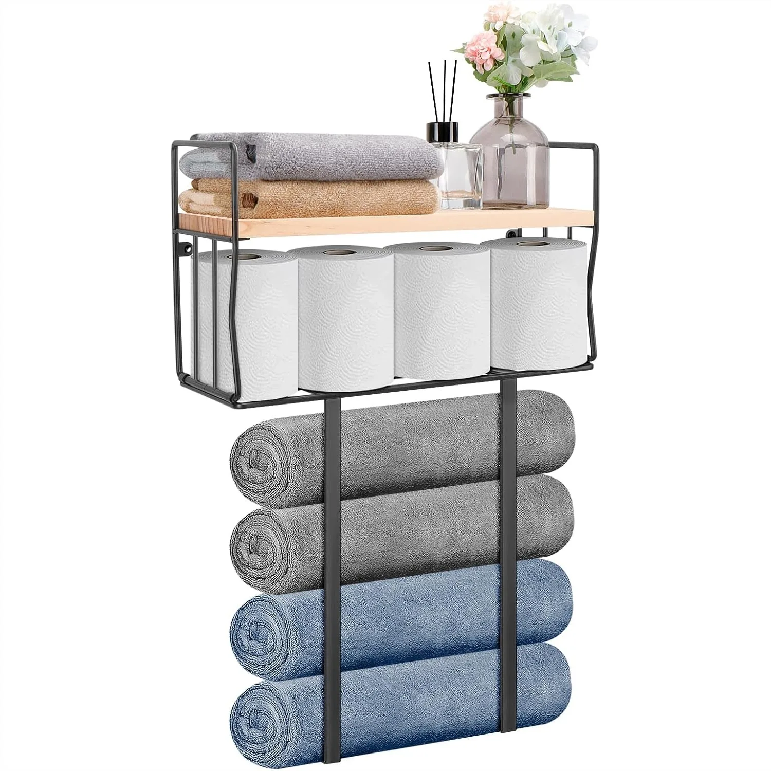 

Metal Towel Rack for Bathroom, Wall Mounted Storage with Basket and Shelf, 4 Roll Towel Holder for Small Spaces