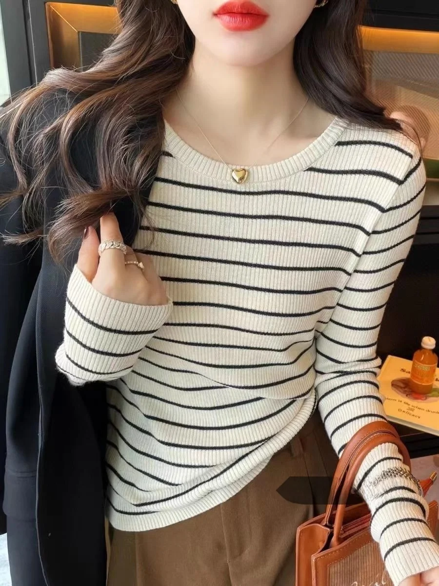 

Korean Sle Women's round Ne Striped Knitwear Slim Fit Base irt Low Ne Sweater Autumn Winter Faion Casual Top