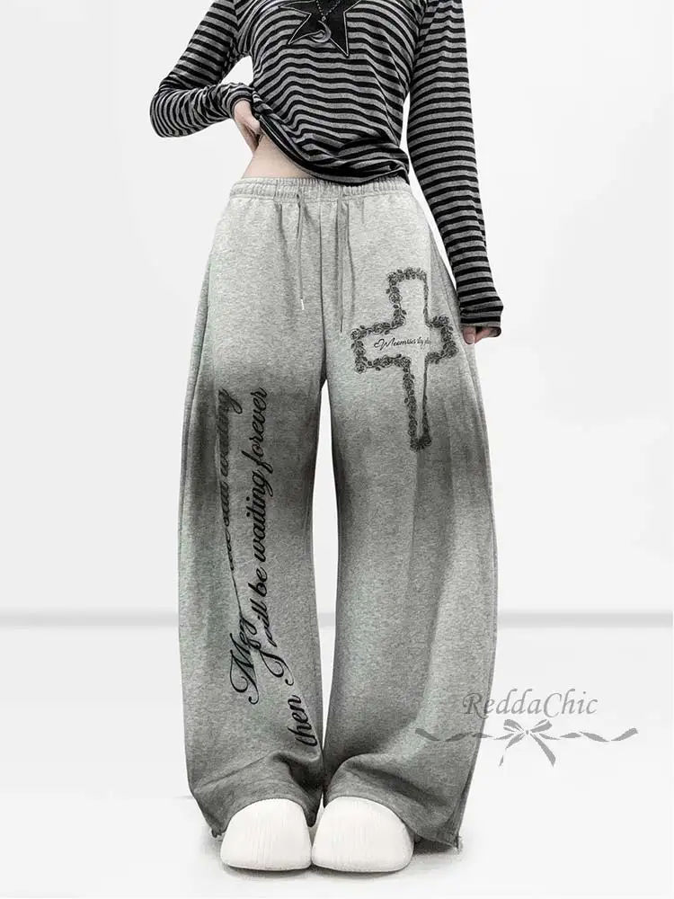 REDDACHiC Drawstring Gray Sweatpants & Top Star Patched Striped Long Sleeve Tee Graphic Parachute Pants Joggers Women Streetwear