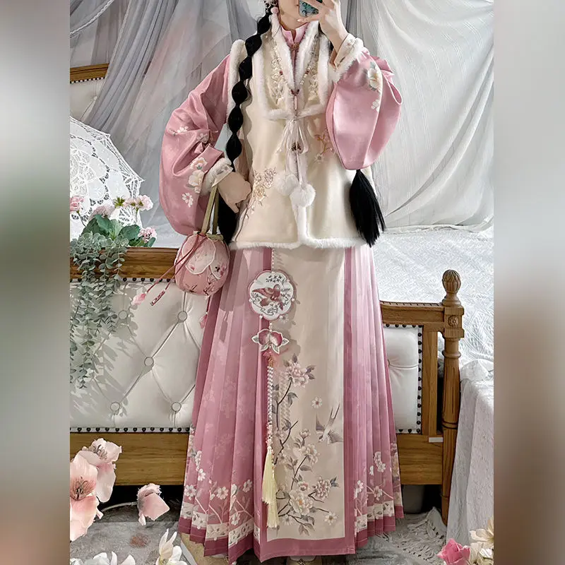 Розовое женское платье Hanfu Mingxian с вышивкой, теплый, чем воротник для ногтей, рукав Пипа, зимнее платье с изображением лошади, новогоднее платье