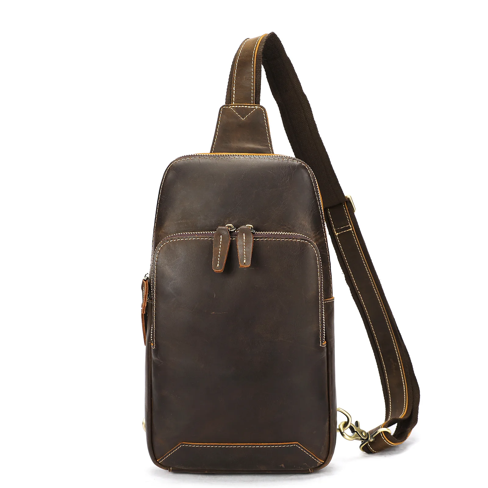 Vintage Crazy Horse Leather Men Chest Bag - Genuine Cowhide Crossbody Shoulder Bag for Outdoor Travel & Hiking
