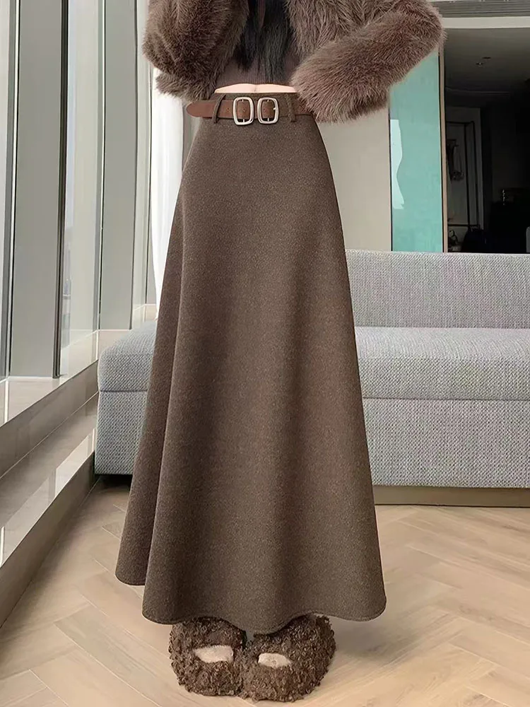 Winter Thick Faux Wool Skirt Women Korean Elegant Office Lady with Belt Midi Skirt Y2K High Waist Streetwear Loose A Line Skirt