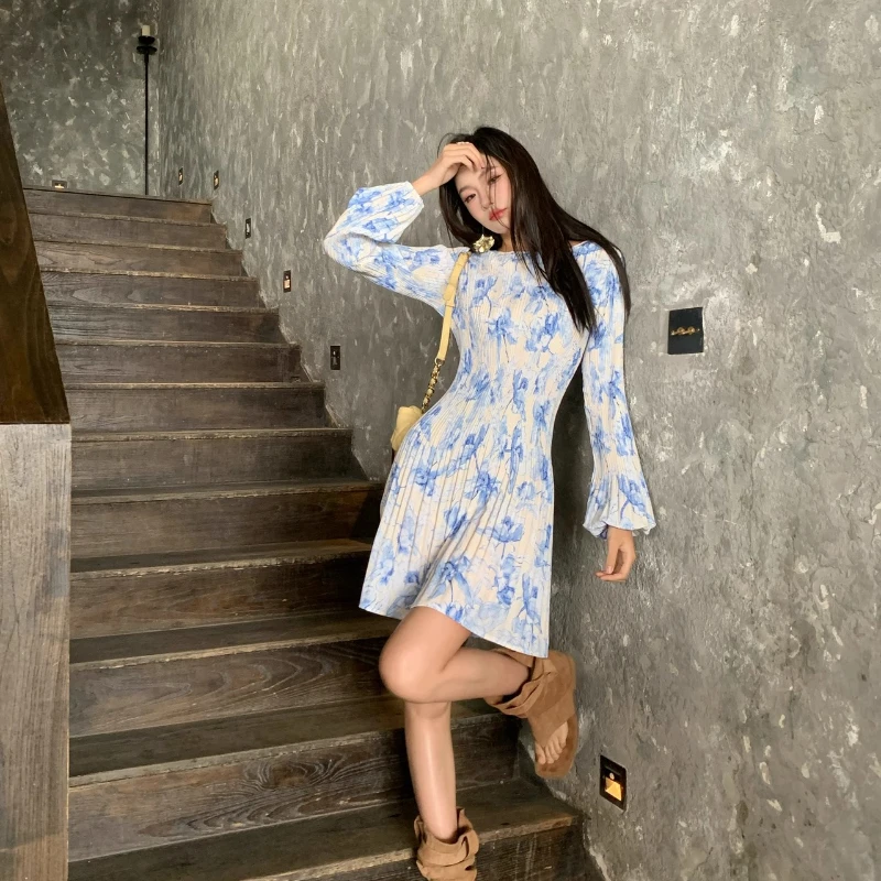 Francês feminino manga comprida protetor solar roupas primavera verão plissado floral cintura temperamento curto luz vestido de luxo feminino