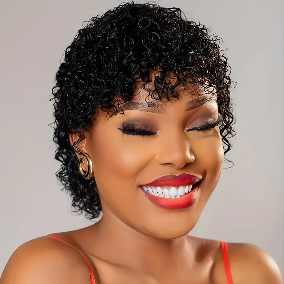 

Afro Kinky Curly Human Hair Wig For Women With Bangs Remy Brazilian Human Hair Wig Short Curly Pixie Cut Gluless No Lace Wig