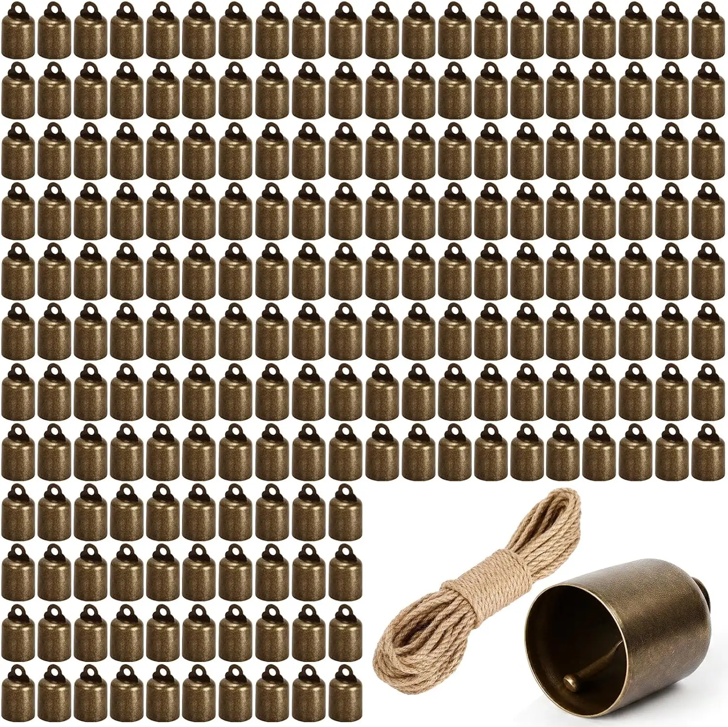 Christmas Bell Ornaments for Crafts, 200-Piece Set, Rustic Bronze Metal, Straight Style