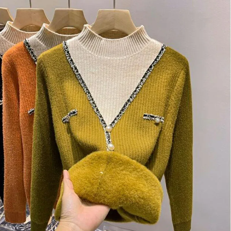 One Piece Velvet Thicke High Neck Fake Two Piece Women Sweater 2024 Winter Color Blocked Knitted Base Sweater Female Jumper Tops