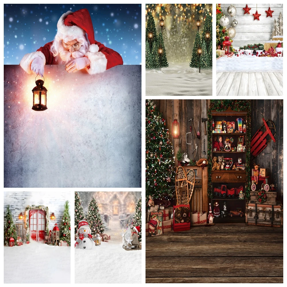 Winter Snow Christmas Photography Backdrop Santa Claus Toy Store Wooden Board Fireplace Kids Family Portrait Photo Background