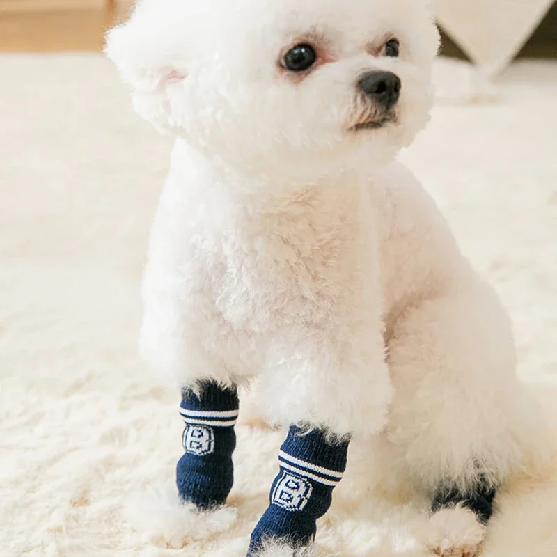 4Pcs/Set Cute Pet Socks Leggings Leg Cover Knitted Socks Cotton Warm Anti-slip Puppy Feet Covers for Small Medium Large Dogs