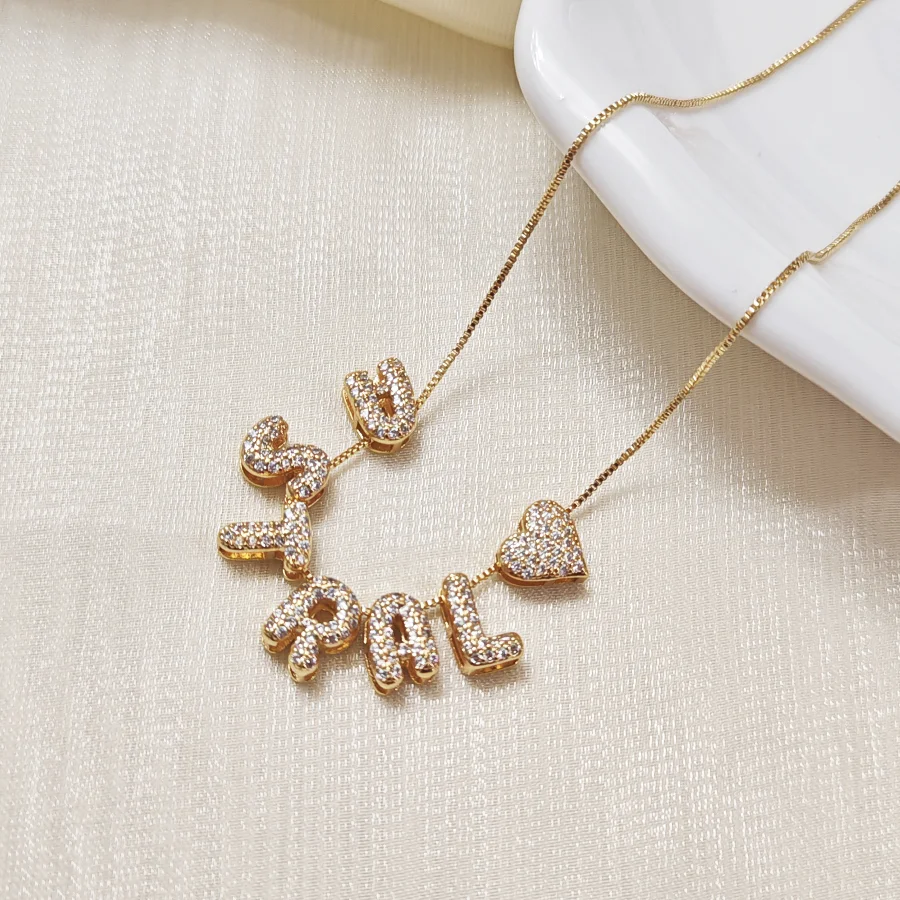 Customized DIY 26 Initial Letter Necklace Sparkling with Zircon 3D Bubble Letter Name Necklace Jewelry Gift