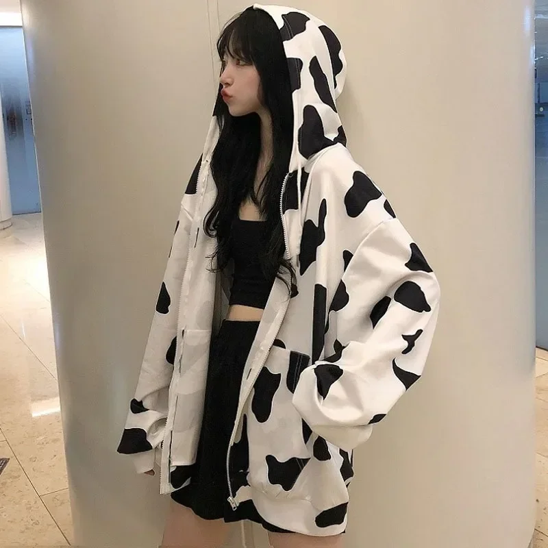 Harajuku Y2k Oversize Zipper Cow Hoodies Milk Korean Fashion Kpop Streetwear Zip Up Hooded Sweatshirt Women Autumn New