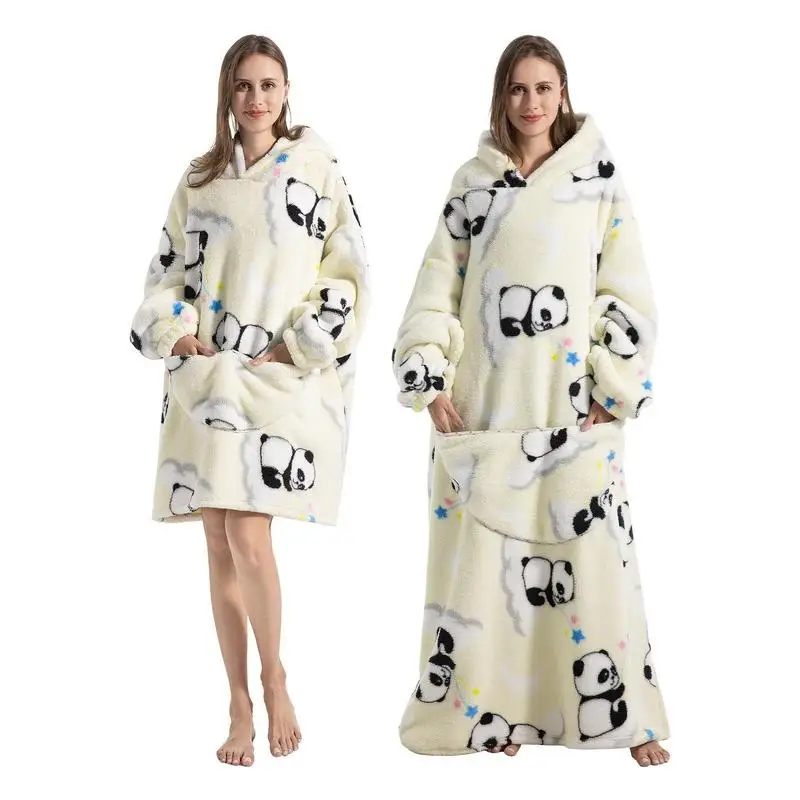 

Oversized Wearable Blanket Hoodie Cozy Sweatshirt With Pocket Panda Pattern Sweatshirt Blanket Plush Hooded Comfortable Hoodie