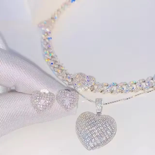 Iced Out Bling 5A CZ Sparking Fashion Women Jewelry Full Micro Paved CZ Puffy Heart Earring Necklace Set