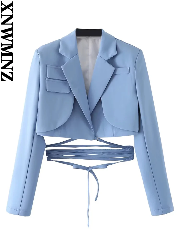 XNWMNZ moda donna 2023 Crop Tie Blazer donna Vintage risvolto manica lunga High Street Versatile capispalla femminile Chic top