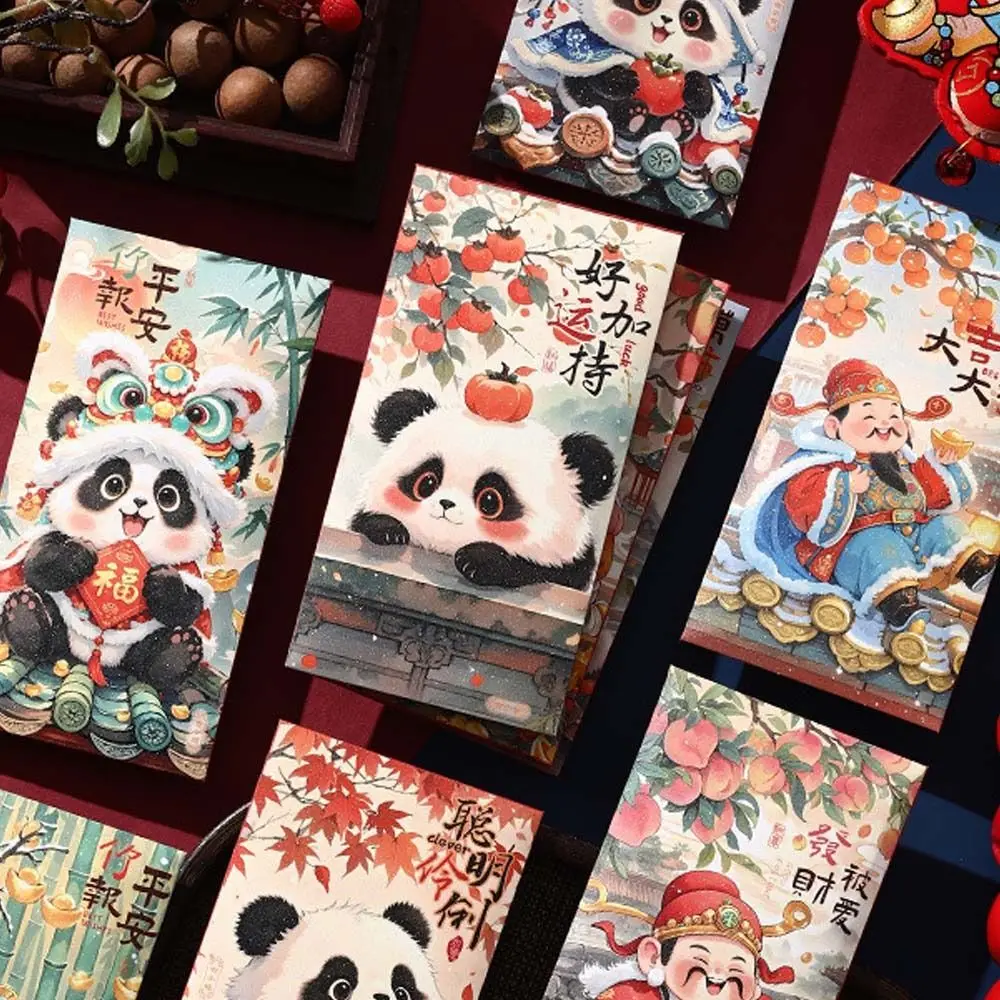 6pcs Chinese Style New Year Red Envelopes Traditional Panda God of Wealth Money Bag Hongbao Blessing 2025 Snake Year Red Pocket