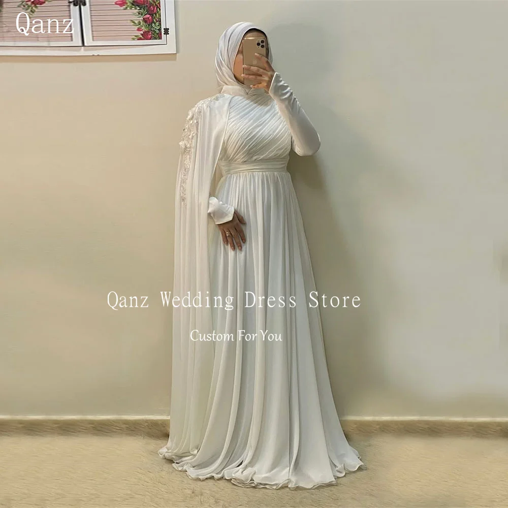 

Qanz Elegnt Chiffon Wedding Dress Long Sleeves O Neck with Cape Robe De Mariée Beadings Formal Prom Party Gowns Customized