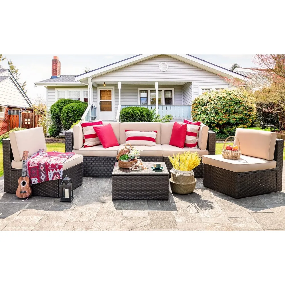 6 Piece Patio Furniture Sets, All Weather PE Wicker Rattan Outdoor Sectional Sofa with Glass Table, Cushions and Pillows