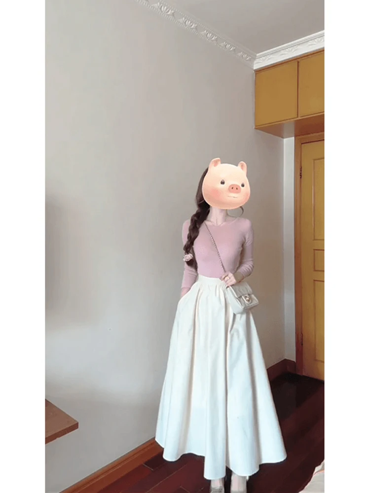 Elegant Light Beige High Waist A-Line Midi Skirt Women's Spring 2026 Versatile Loose Slimming Umbrella Skirt Long Dress