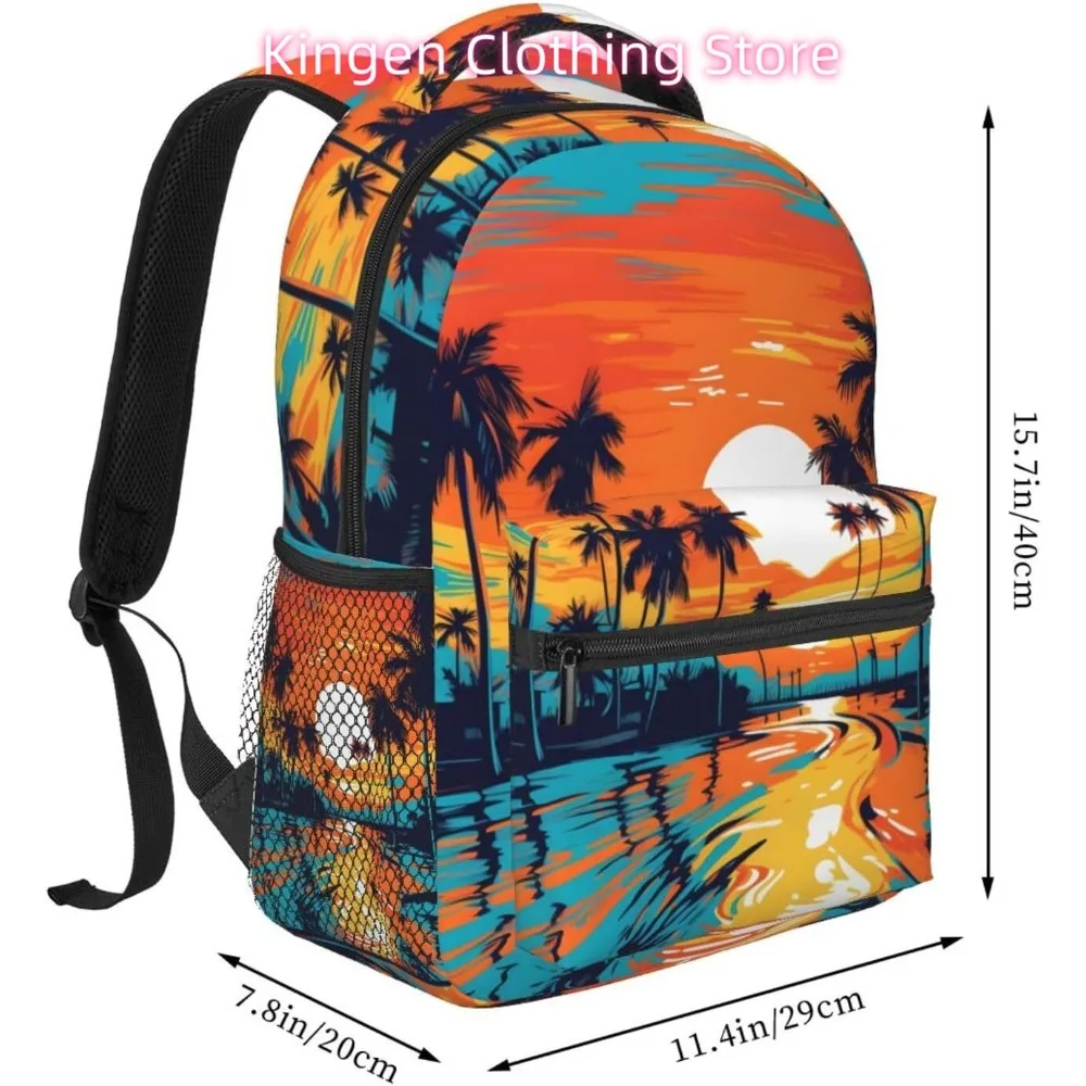 노트북 가방 학교로 돌아 가기 저녁 일몰 해변 그림 경량 노트북 배낭 경량 다목적 여행 캐주얼 Daypa