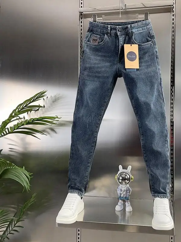 High-End Men's Jeans Straight Leg Slim Fit Workwear Durable Cotton Stretch Fabric All-Match Long Pants for Youth