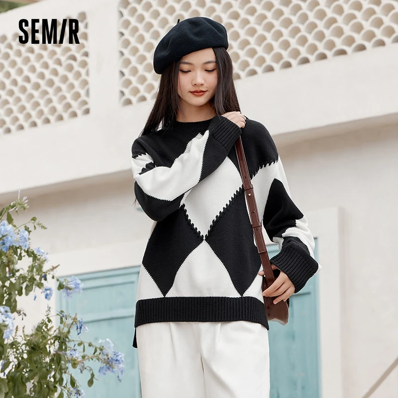 Semir Sweater Women Loose Lazy Temperament Pullover Retro Winter Gentle Rhombus Pattern Round Neck Fashion Sweater