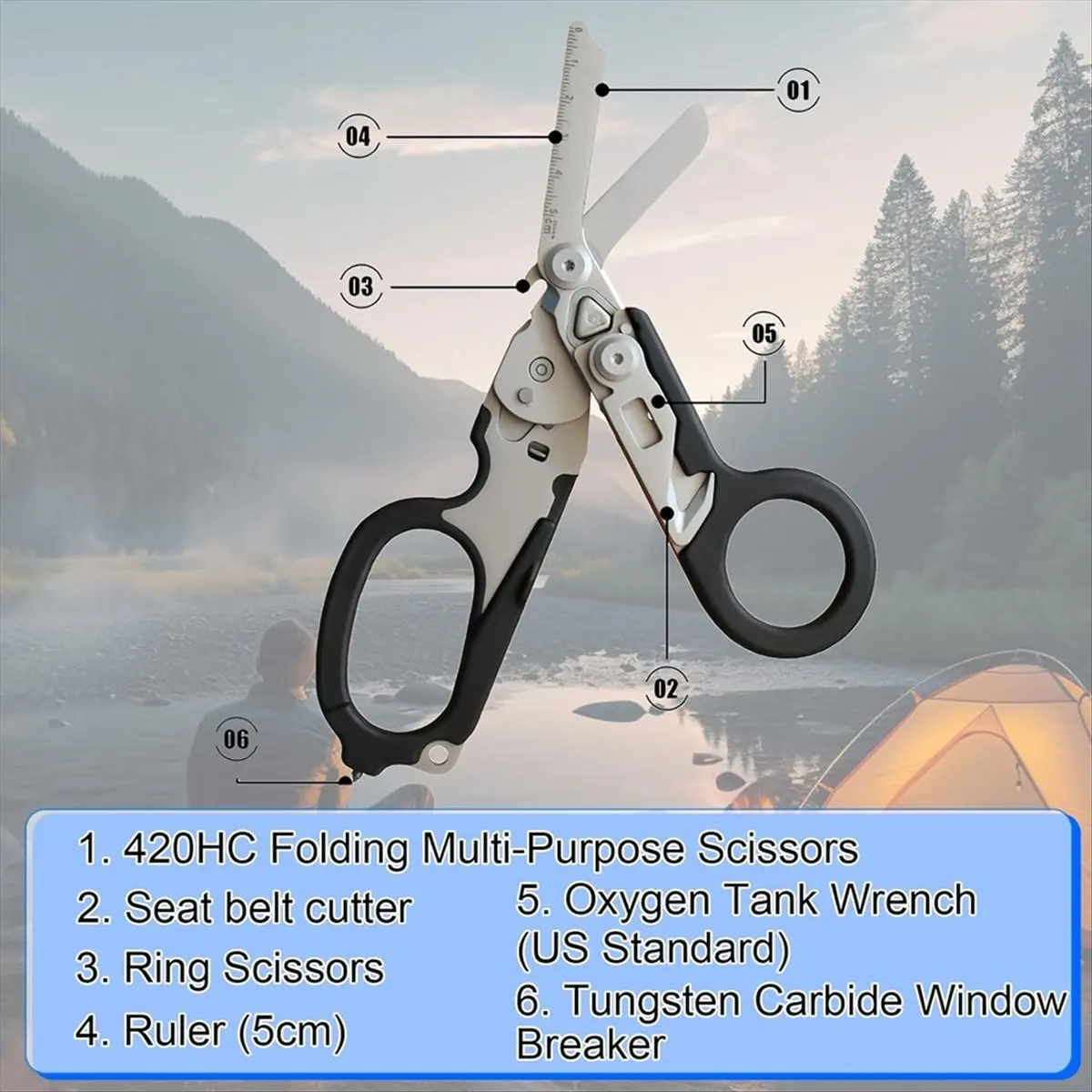 6-in-1 Rescue Tool with , Stainless Steel Multifunctional Scissors for Outdoor Camping, Emergency &Everyday Carry