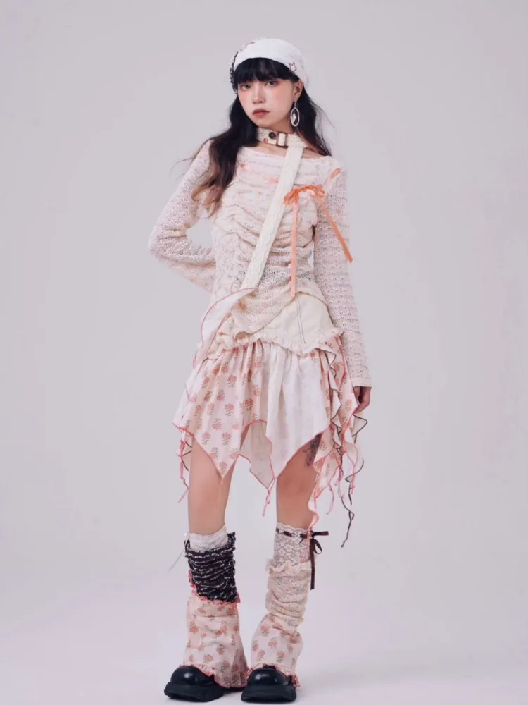 Fashion Irregular Patchwork Floral Ruched A-line Skirts+ Y2k Thicked Warm Leg Warmer 2024 Autumn Winter New Two Piece Sets