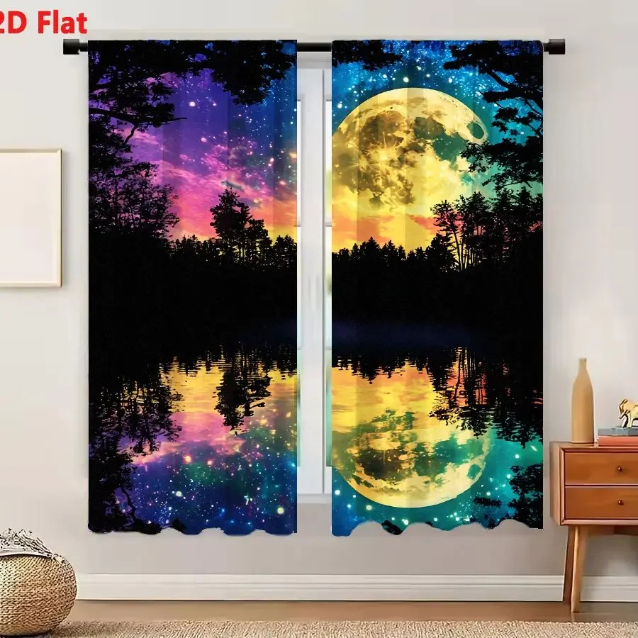 Galaxy Night Sky Moon Landscape Curtain Window Drapes for Bedroom Living Room Home Decor