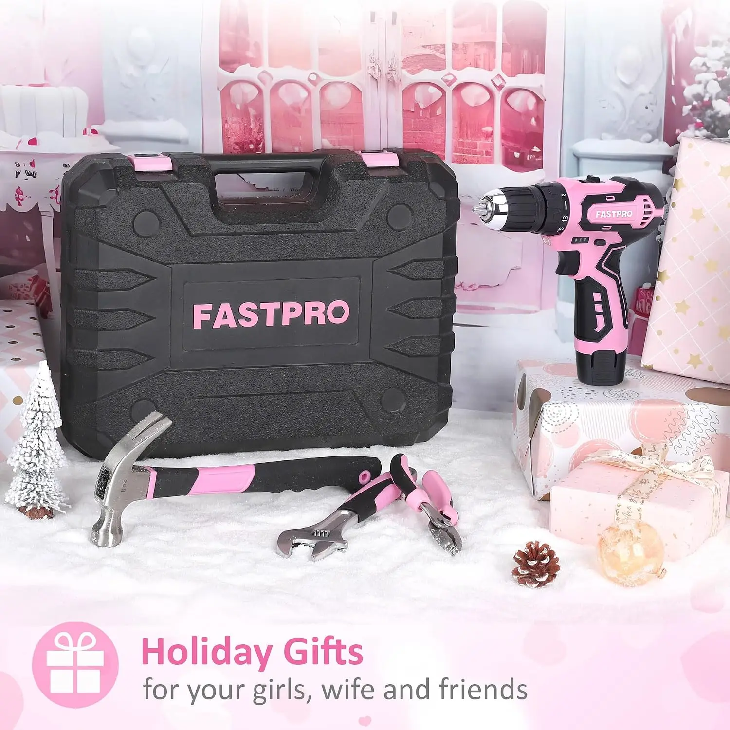12V Pink Cordless Drill Set for Women, Pink Tool Kit with Case, 3/8